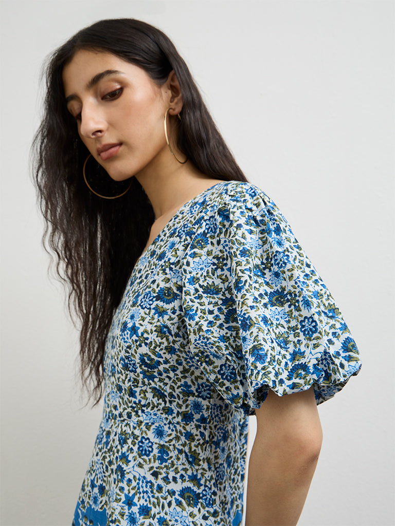 Bombay Paisley Blue Floral Printed Cotton A-Line Dress