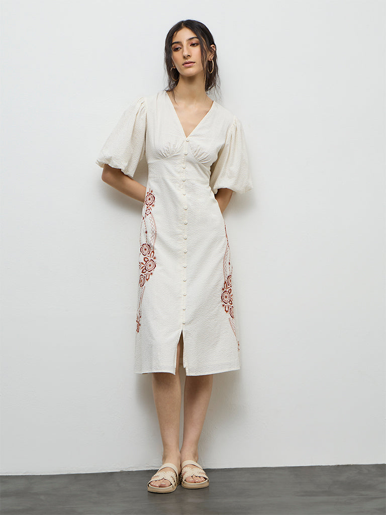 Bombay Paisley Off-White Embroidered Cotton A-Line Dress
