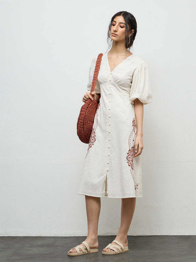 Bombay Paisley Off-White Embroidered Cotton A-Line Dress