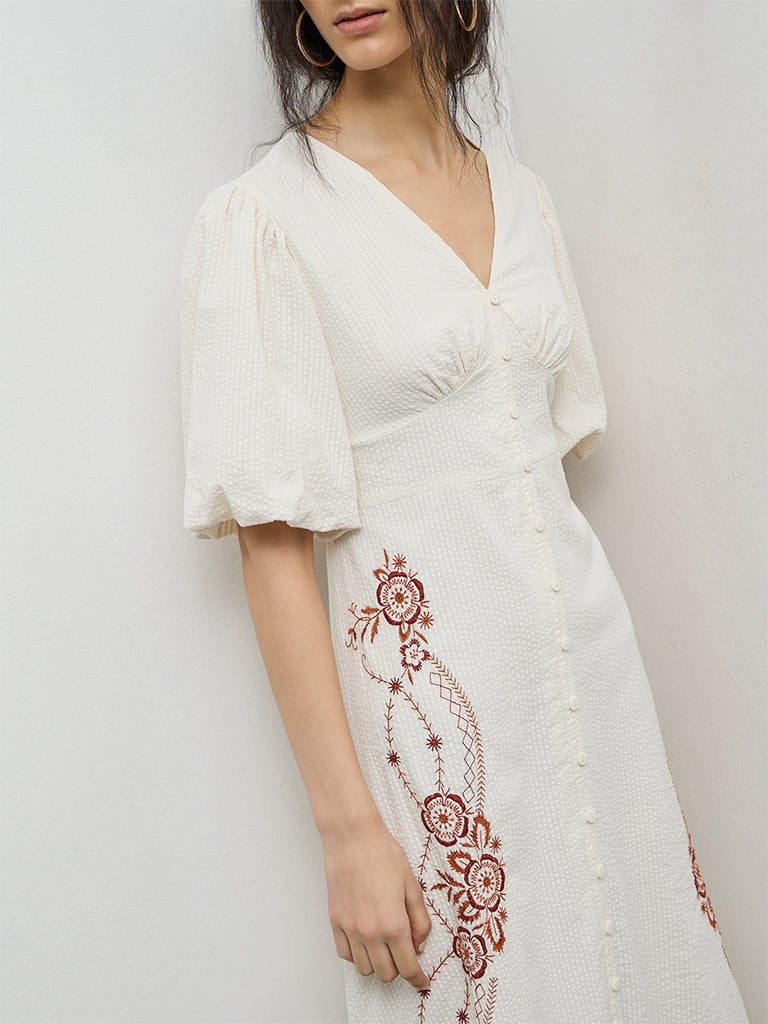 Bombay Paisley Off-White Embroidered Cotton A-Line Dress