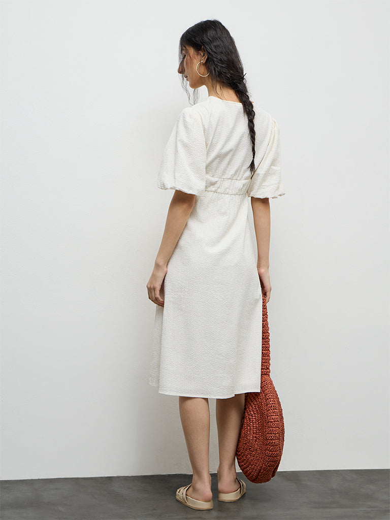 Bombay Paisley Off-White Embroidered Cotton A-Line Dress