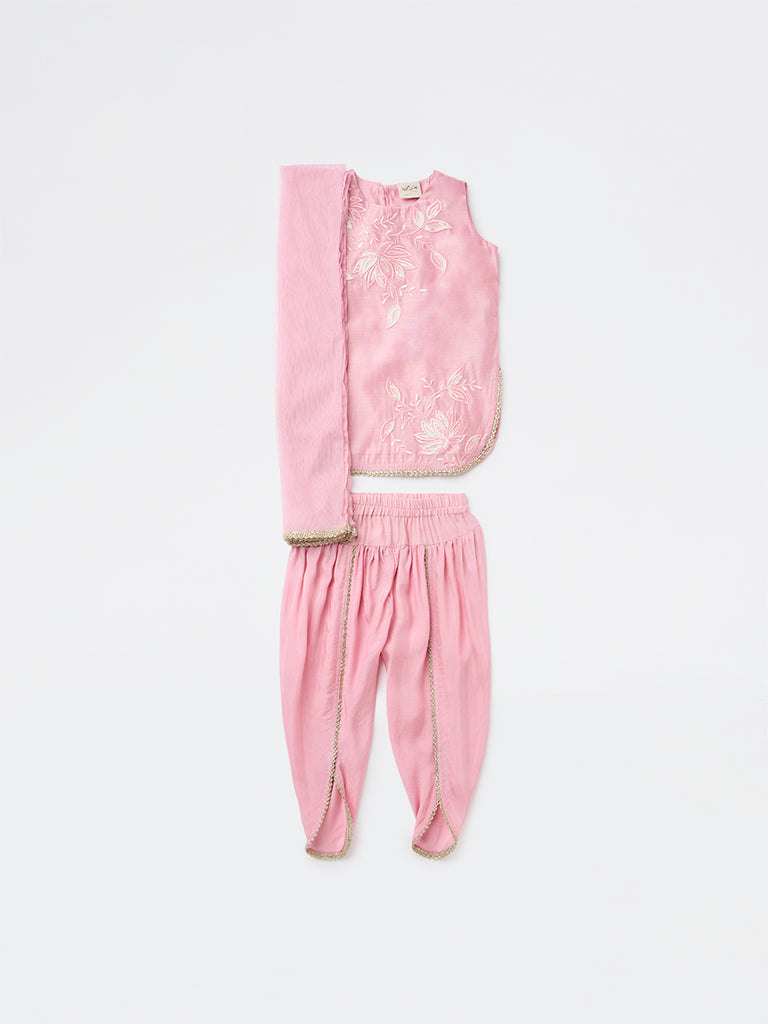 Utsa Kids Girls Pink Embroidered Top Dhoti Pants and Dupatta Set - (2-8 years)