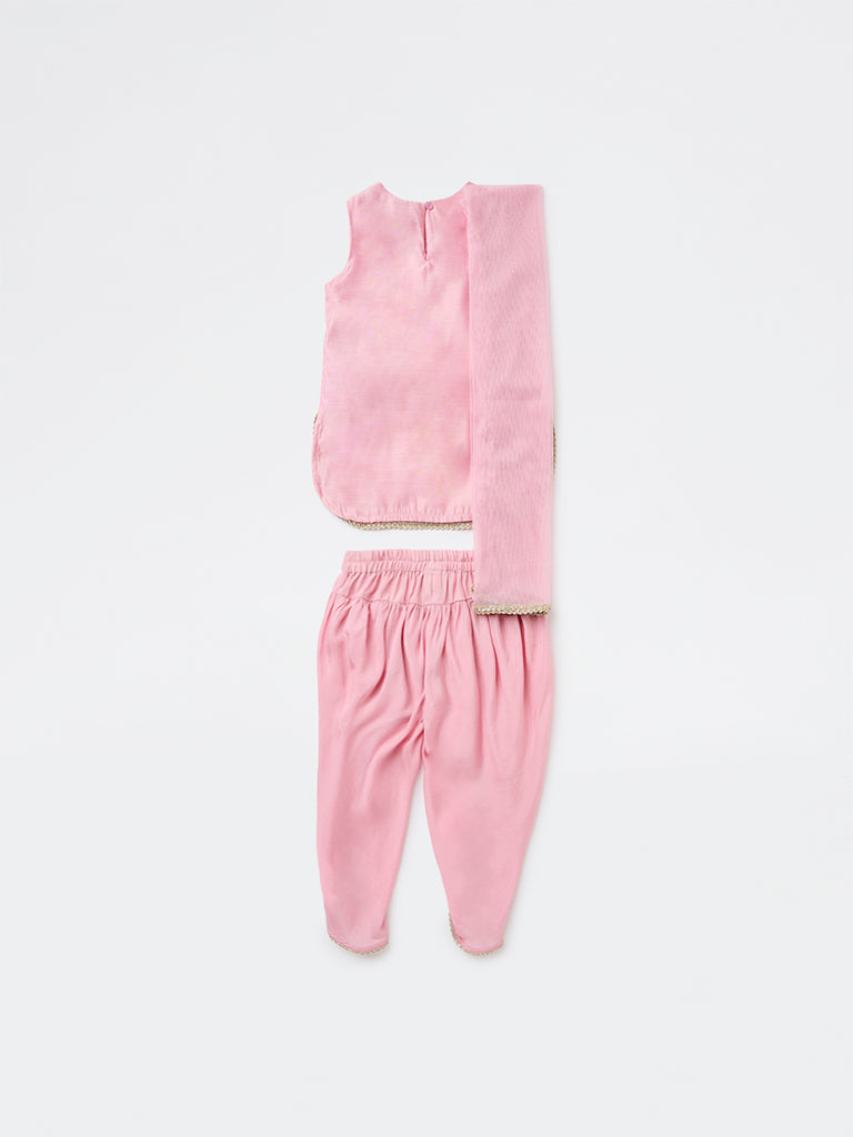 Utsa Kids Girls Pink Embroidered Top Dhoti Pants and Dupatta Set - (2-8 years)