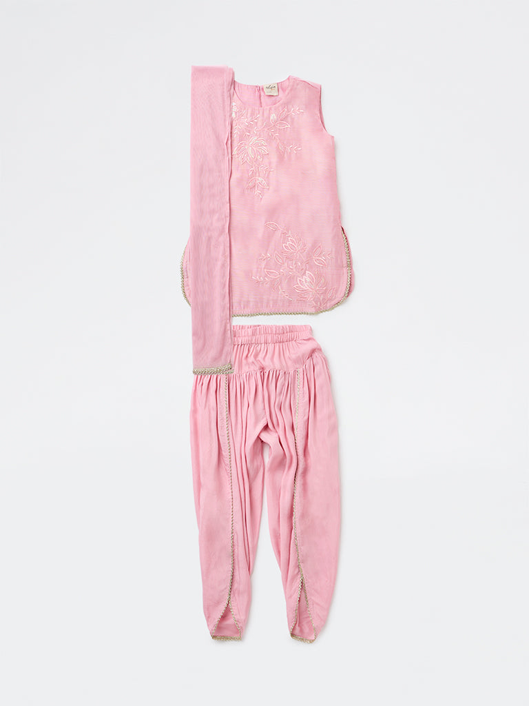 Utsa Kids Girls Pink Embroidered Top Dhoti Pants and Dupatta Set - (8-14 years)