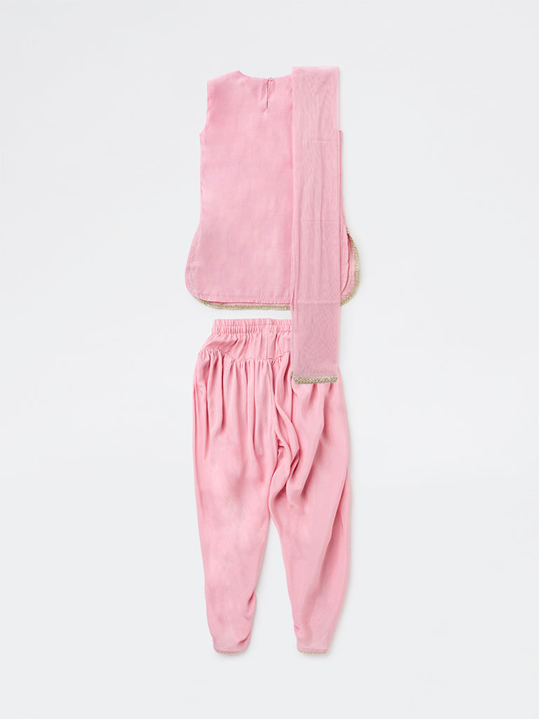 Utsa Kids Girls Pink Embroidered Top Dhoti Pants and Dupatta Set - (8-14 years)