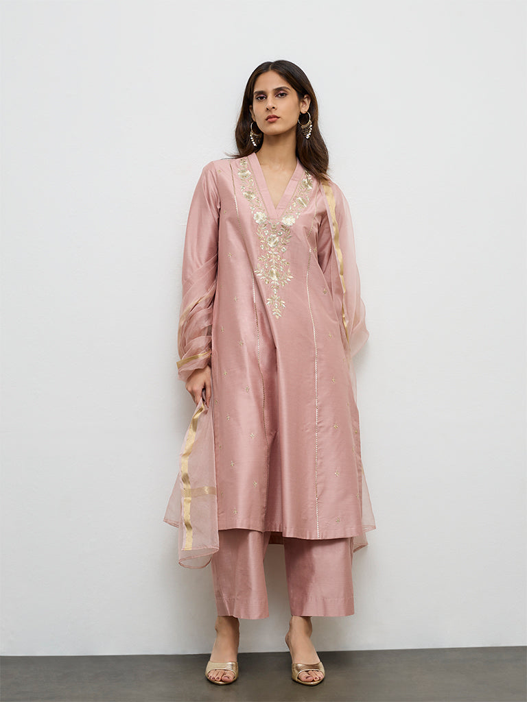 Vark Dusty Pink Embroidered A-Line Ethnic Set