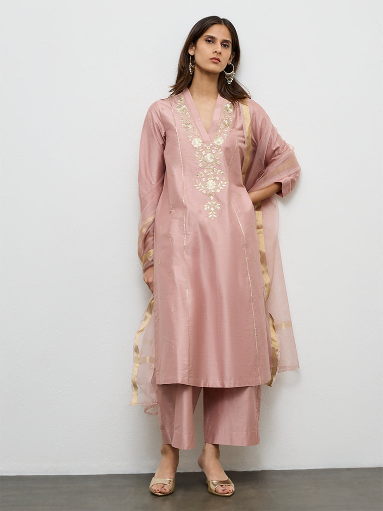 Vark Dusty Pink Embroidered A-Line Ethnic Set