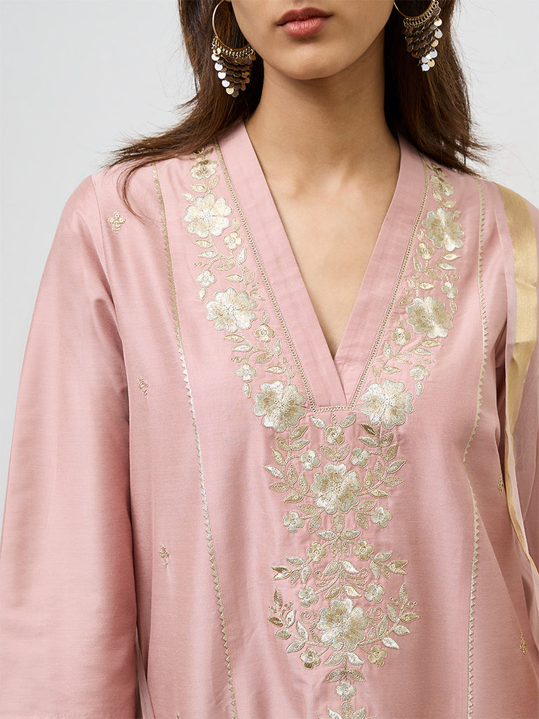 Vark Dusty Pink Embroidered A-Line Ethnic Set