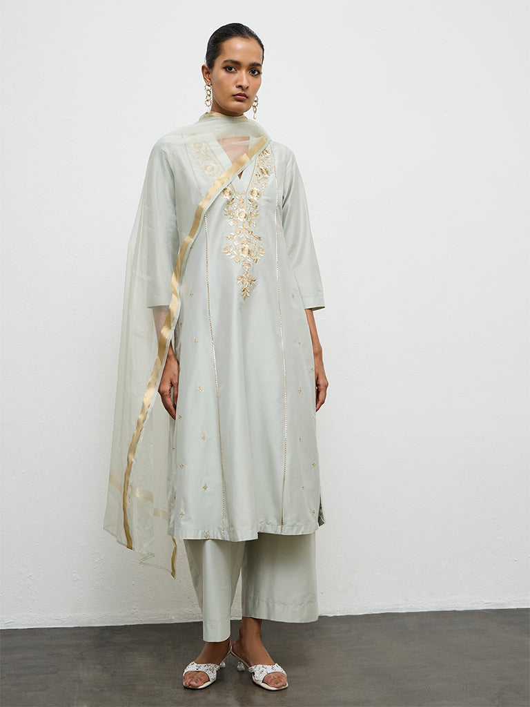 Vark Mint Floral Embroidered A-Line Ethnic Set