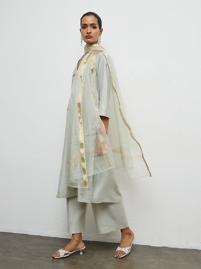 Vark Mint Floral Embroidered A-Line Ethnic Set