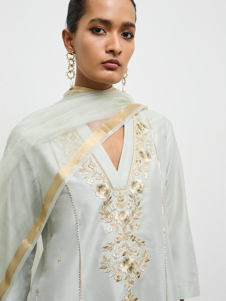 Vark Mint Floral Embroidered A-Line Ethnic Set