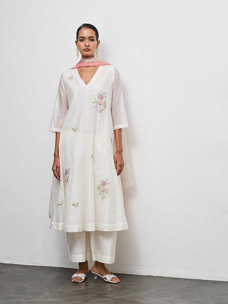 Vark Off-White Floral Embroidered Cotton-Blend A-Line Ethnic Set
