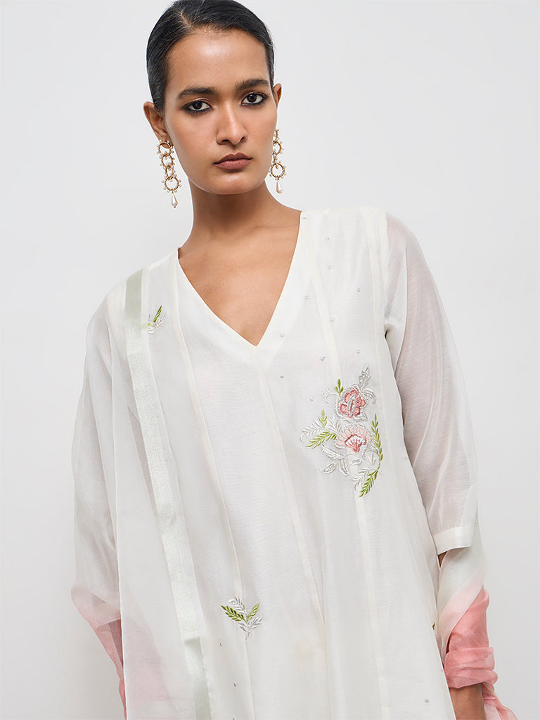 Vark Off-White Floral Embroidered Cotton-Blend A-Line Ethnic Set
