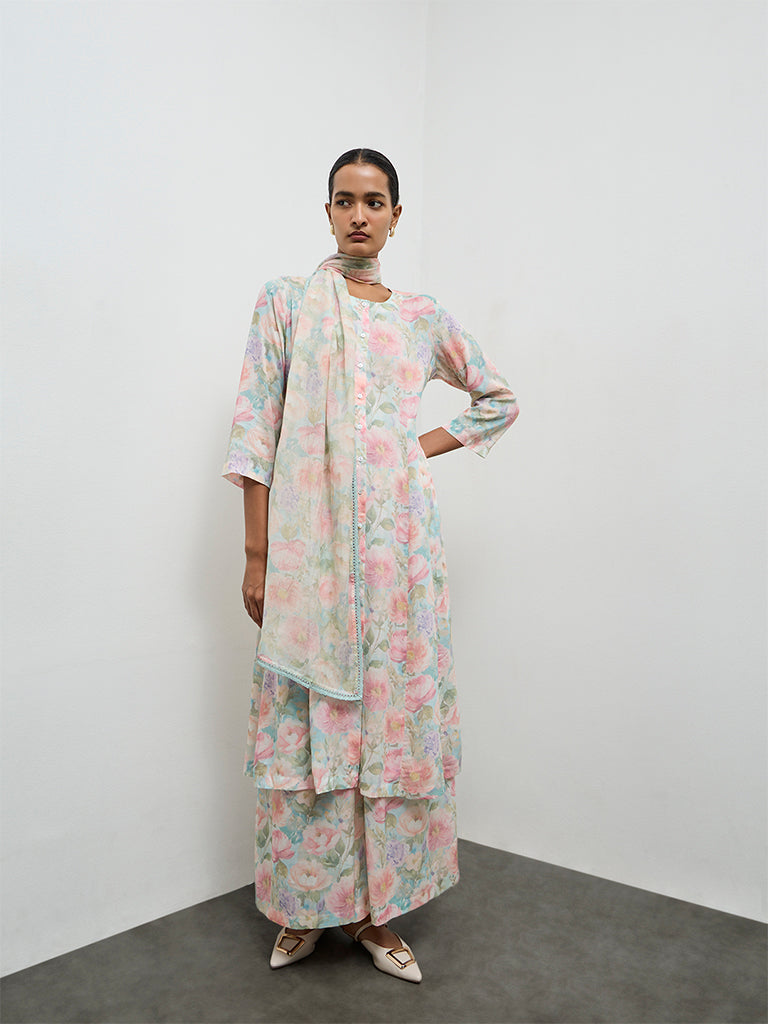 Zuba Aqua Floral Printed A-Line Kurta