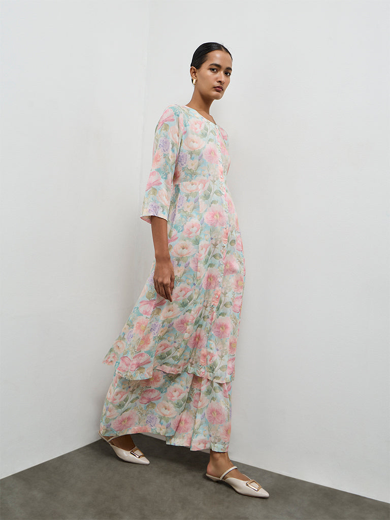 Zuba Aqua Floral Printed A-Line Kurta
