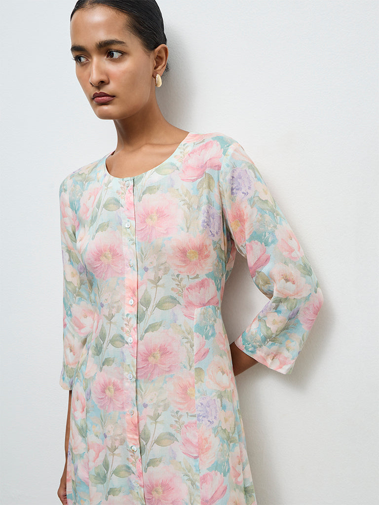 Zuba Aqua Floral Printed A-Line Kurta