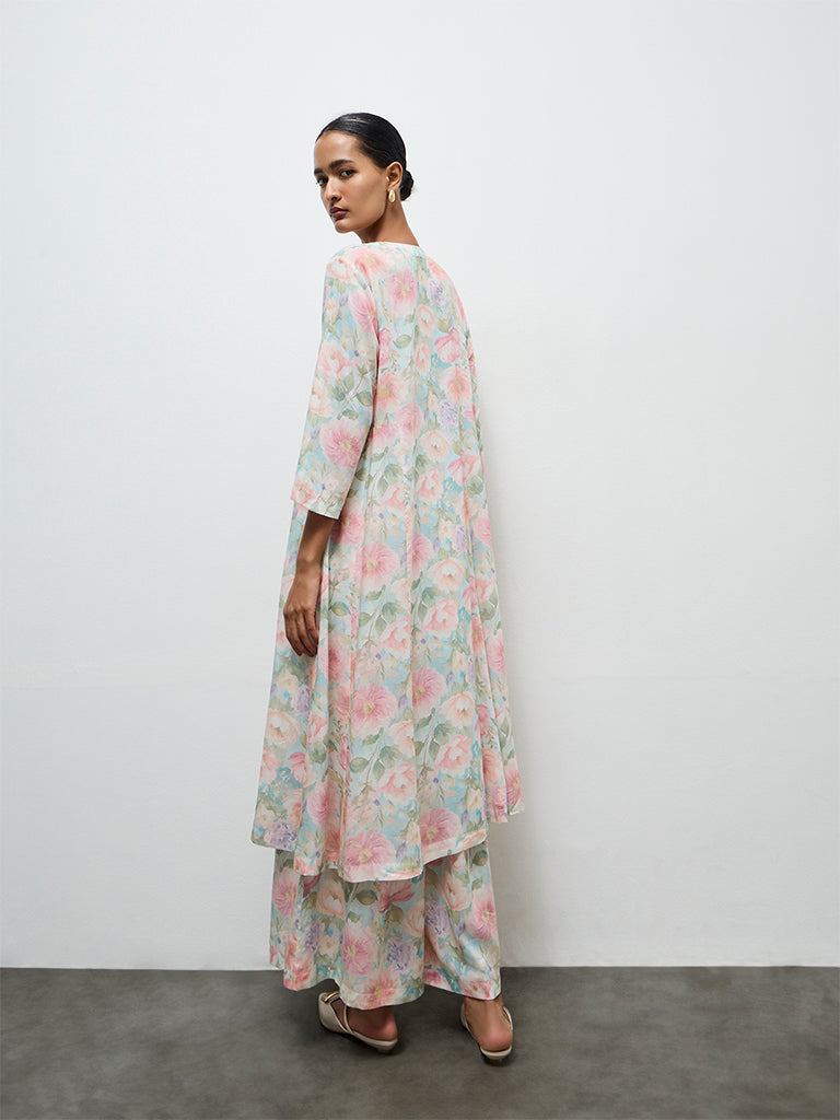 Zuba Aqua Floral Printed A-Line Kurta