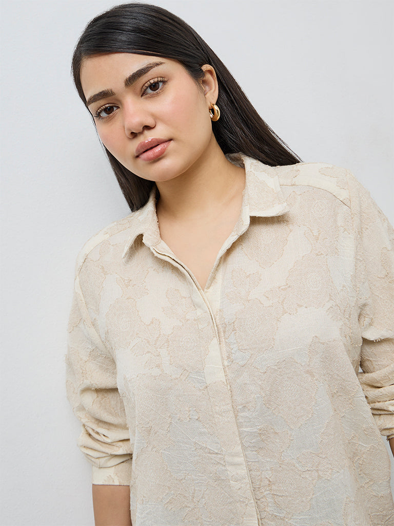 Gia Beige Floral Embroidered Cotton Shirt