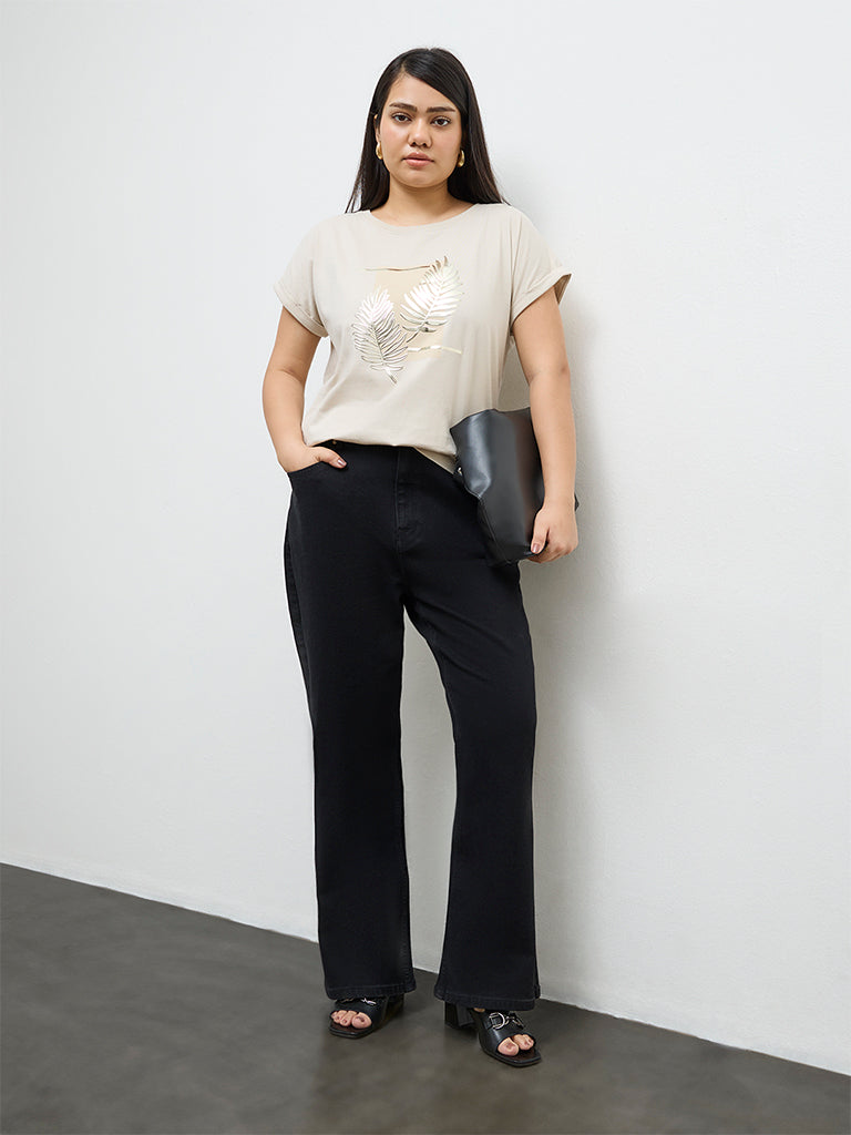 Gia Beige Botanical Printed Cotton T-Shirt