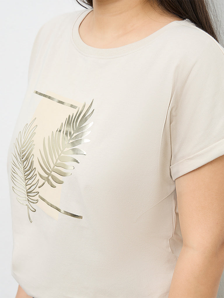 Gia Beige Botanical Printed Cotton T-Shirt