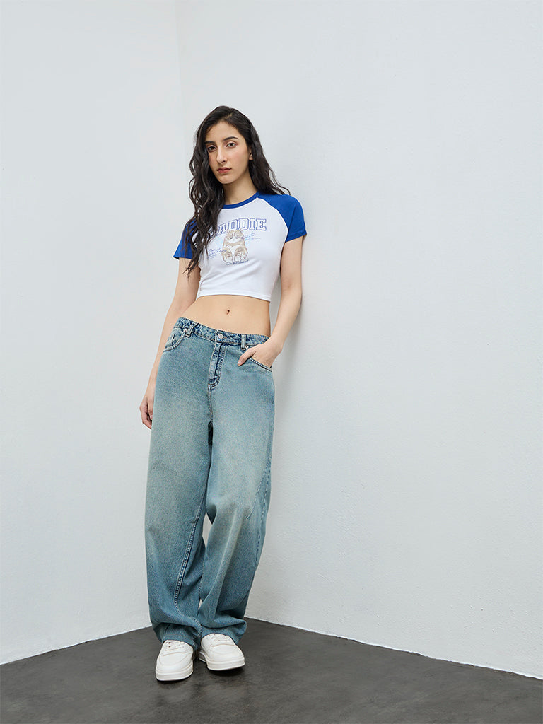Nuon Blue Printed Cotton-Blend T-Shirt