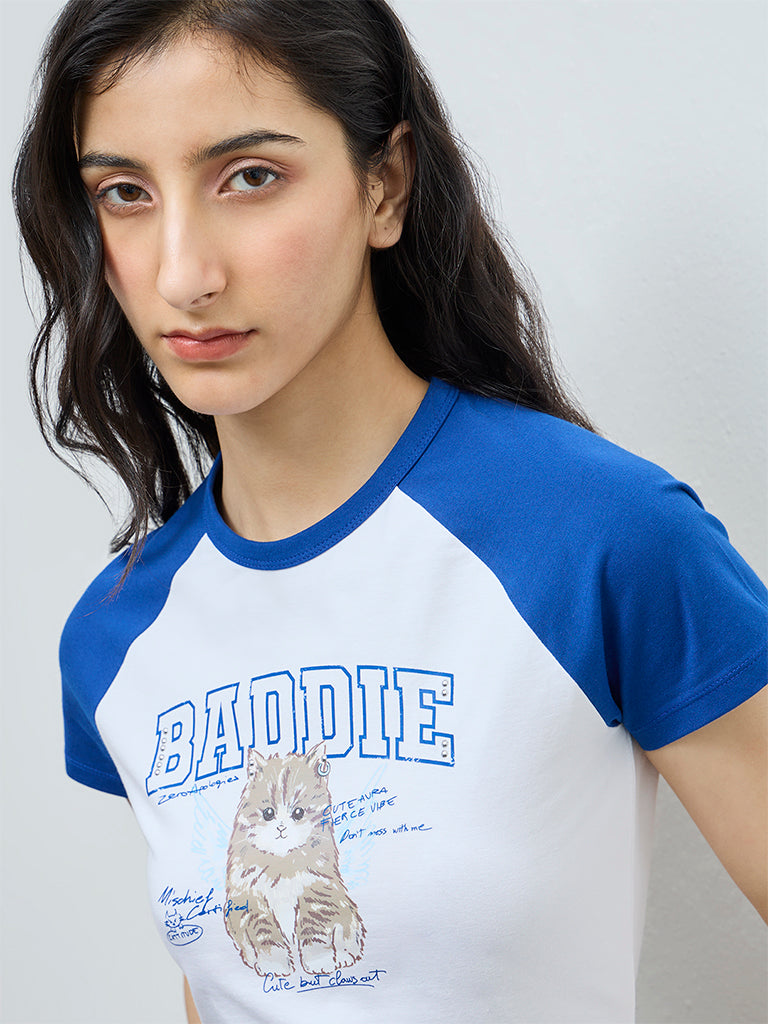 Nuon Blue Printed Cotton-Blend T-Shirt