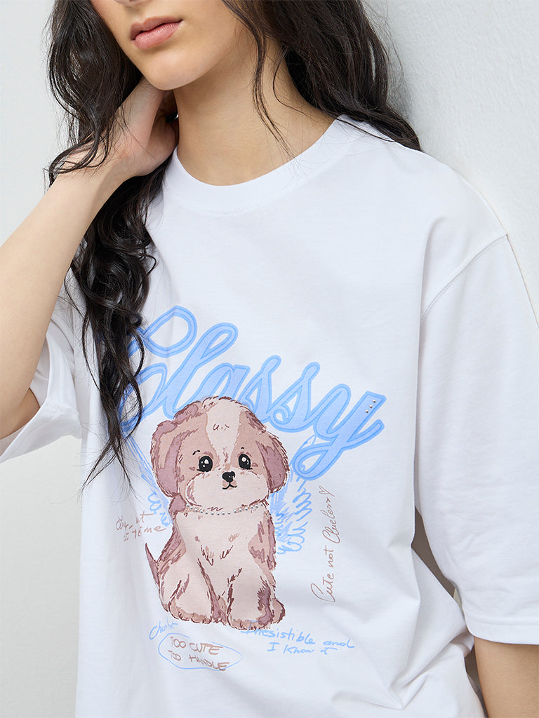 Nuon White Graphic Cotton T-Shirt