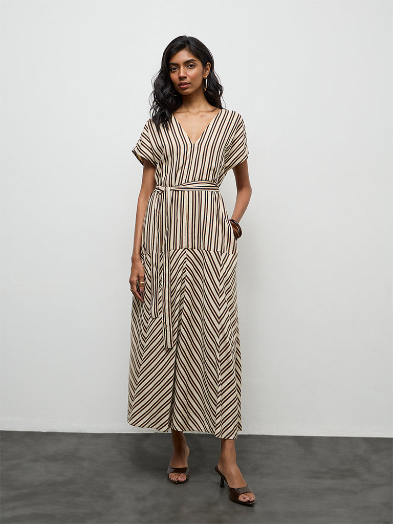 LOV Light Beige Striped A-Line Dress with Belt