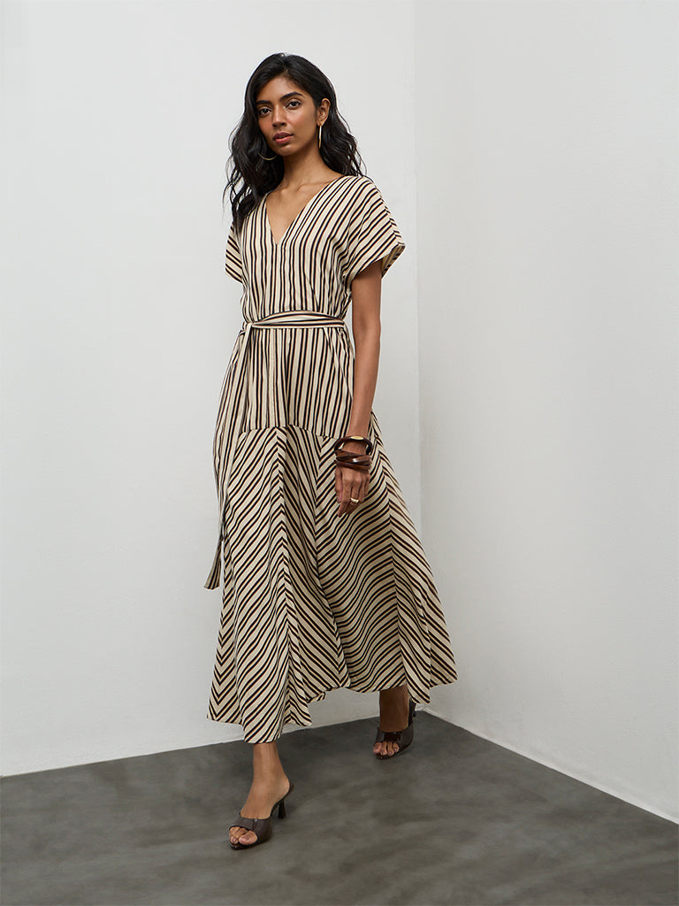 LOV Light Beige Striped A-Line Dress with Belt