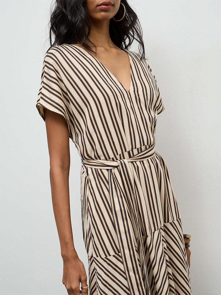 LOV Light Beige Striped A-Line Dress with Belt
