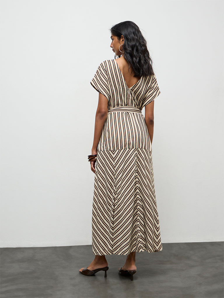 LOV Light Beige Striped A-Line Dress with Belt