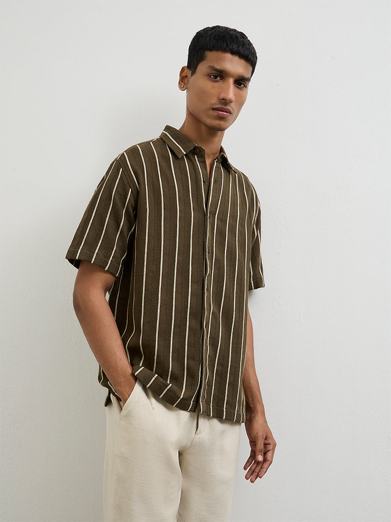 ETA Olive Striped Relaxed-Fit Cotton Shirt