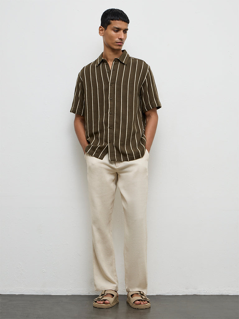 ETA Olive Striped Relaxed-Fit Cotton Shirt