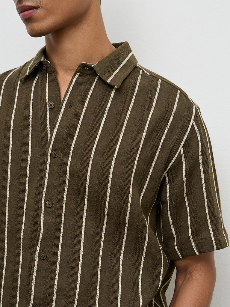 ETA Olive Striped Relaxed-Fit Cotton Shirt
