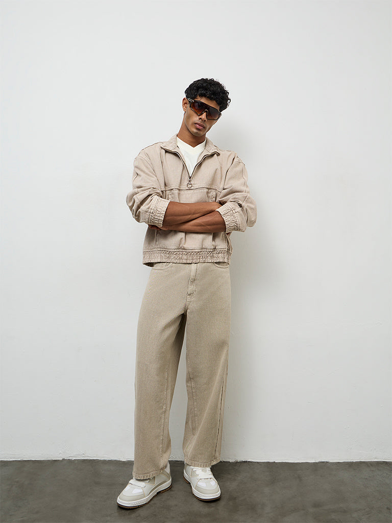 Nuon Taupe Barrel-Fit Mid-Rise Jeans