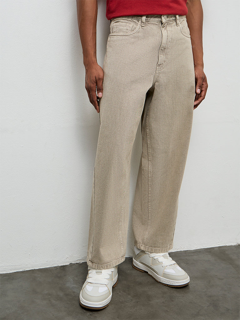 Nuon Taupe Barrel-Fit Mid-Rise Jeans