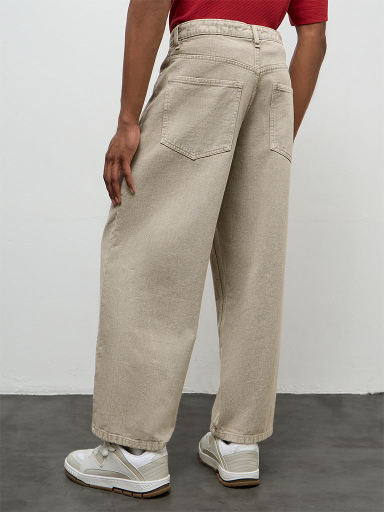 Nuon Taupe Barrel-Fit Mid-Rise Jeans