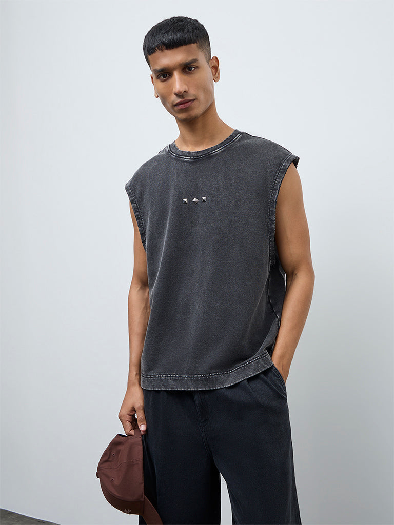 Nuon Grey Studded Relaxed-Fit Cotton T-Shirt