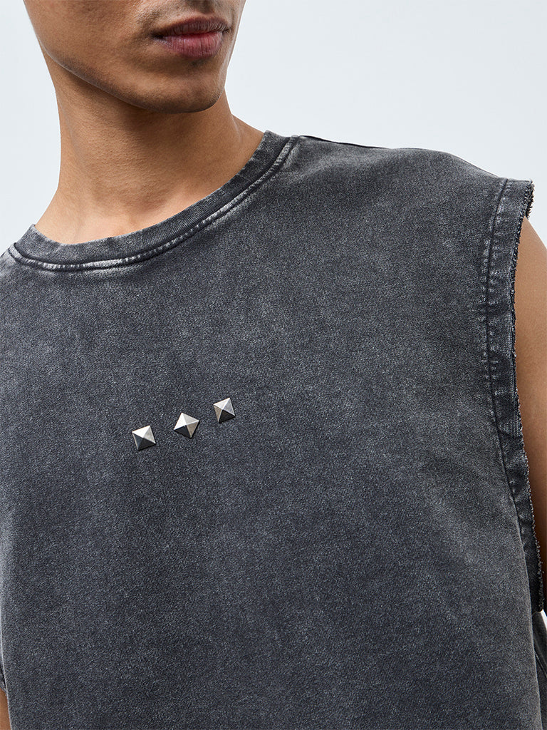 Nuon Grey Studded Relaxed-Fit Cotton T-Shirt