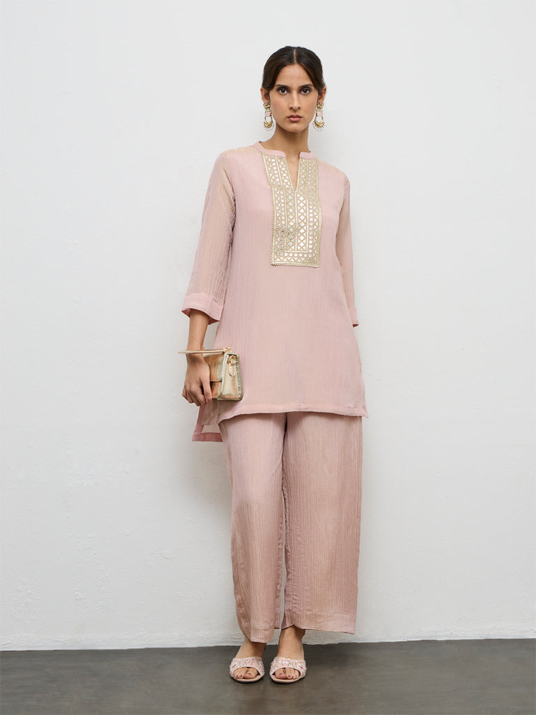 Vark Blush Pink Mirror Embroidered Ethnic Set