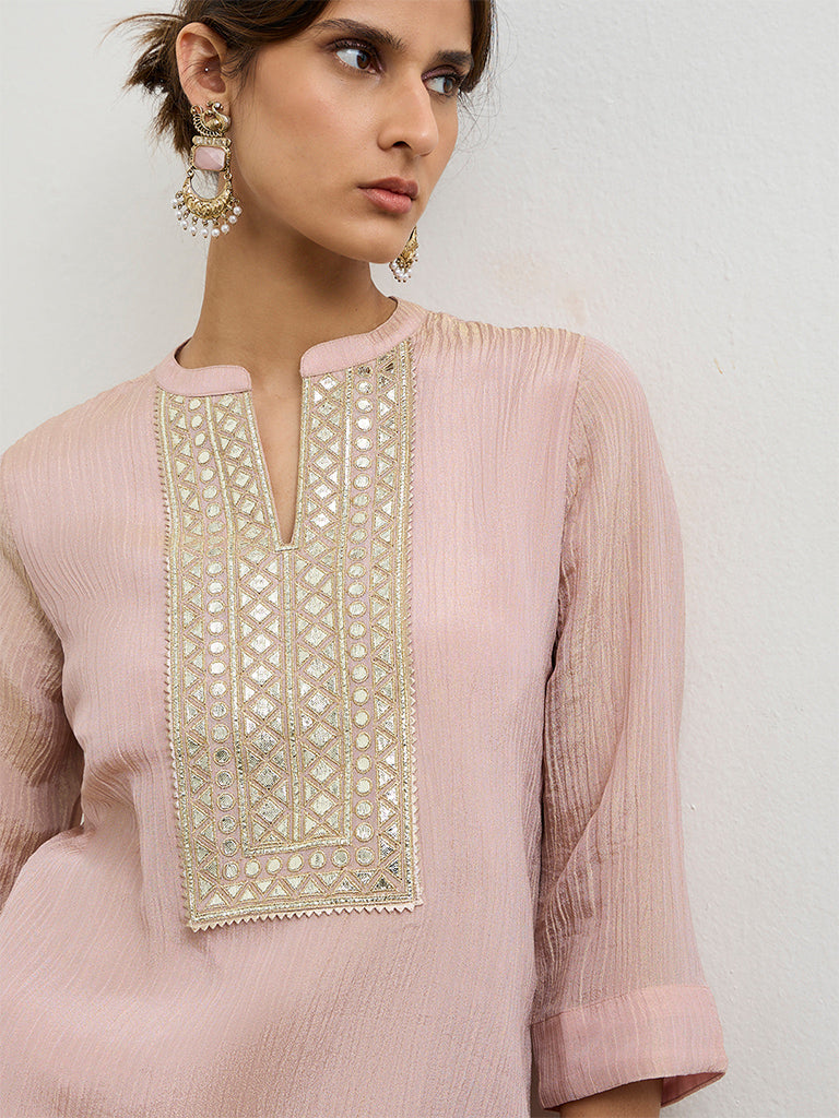 Vark Blush Pink Mirror Embroidered Ethnic Set