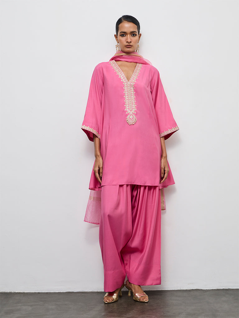 Vark Pink Embroidered A-Line Ethnic Set