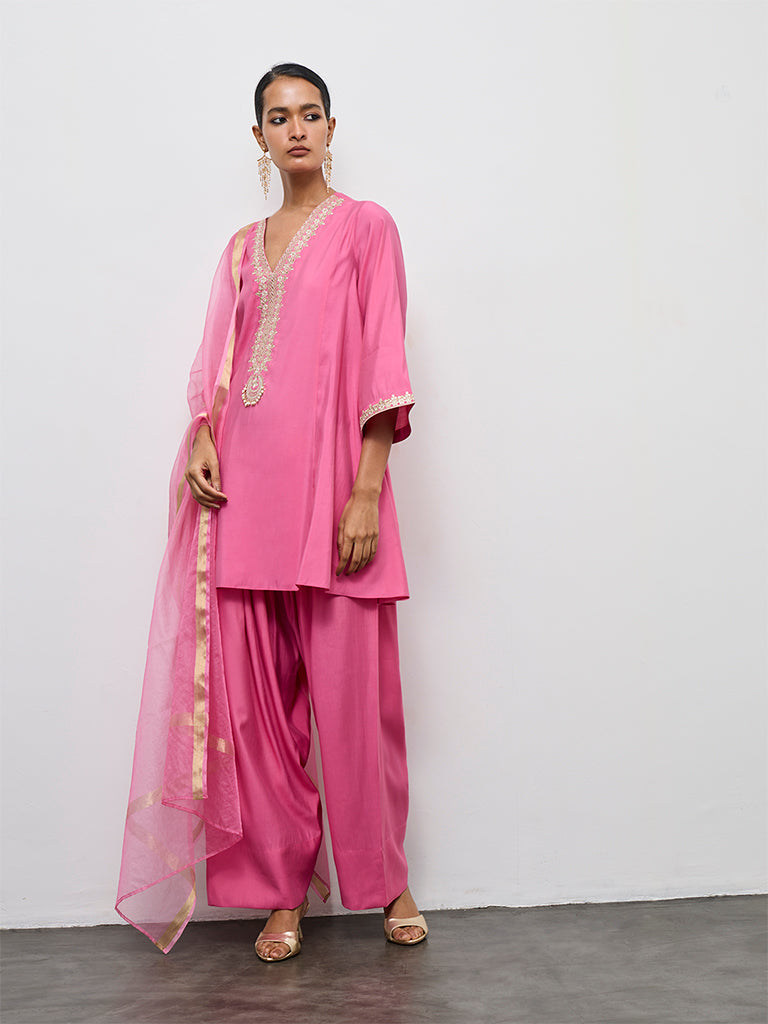 Vark Pink Embroidered A-Line Ethnic Set