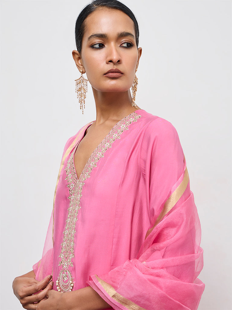 Vark Pink Embroidered A-Line Ethnic Set