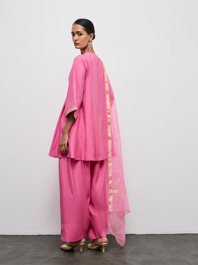 Vark Pink Embroidered A-Line Ethnic Set