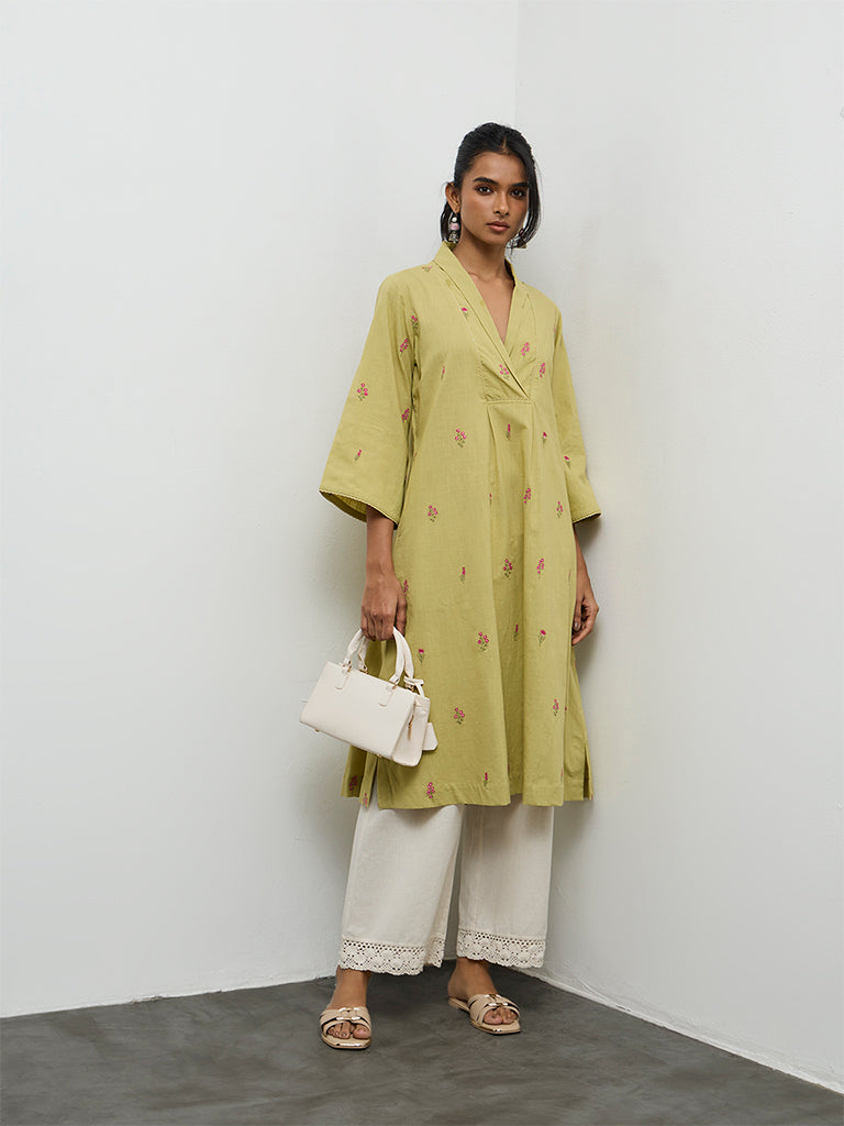 Utsa Lime Floral Embroidered  A-Line Cotton Kurta