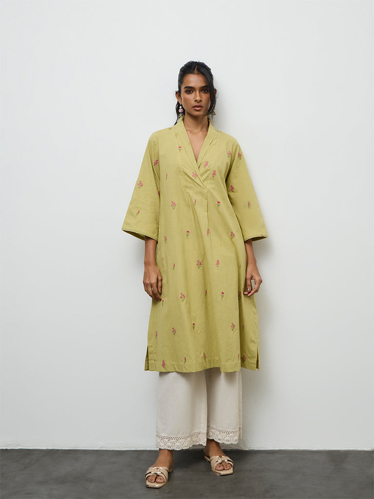 Utsa Lime Floral Embroidered  A-Line Cotton Kurta