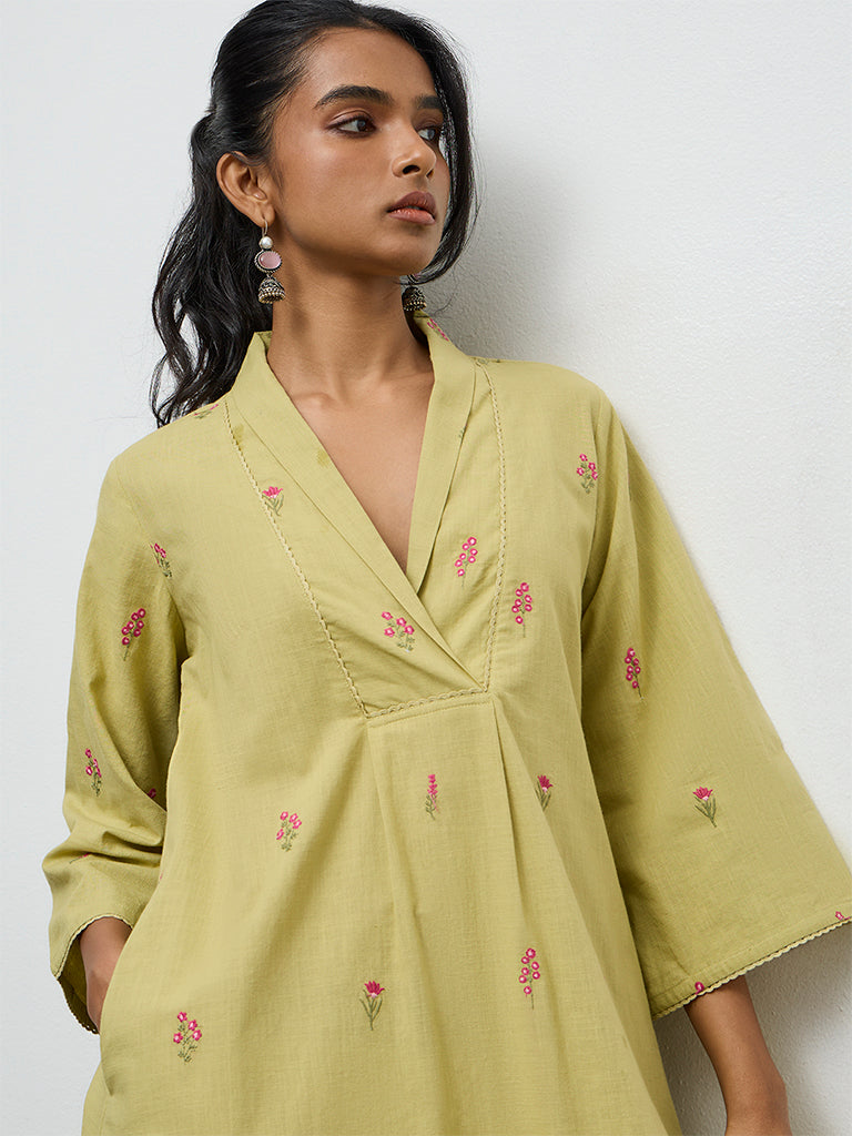 Utsa Lime Floral Embroidered  A-Line Cotton Kurta