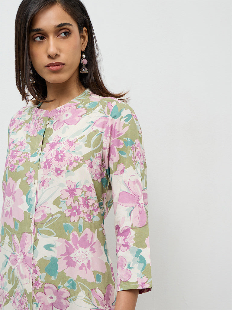 Utsa Off-White Floral Printed A-Line Kurta