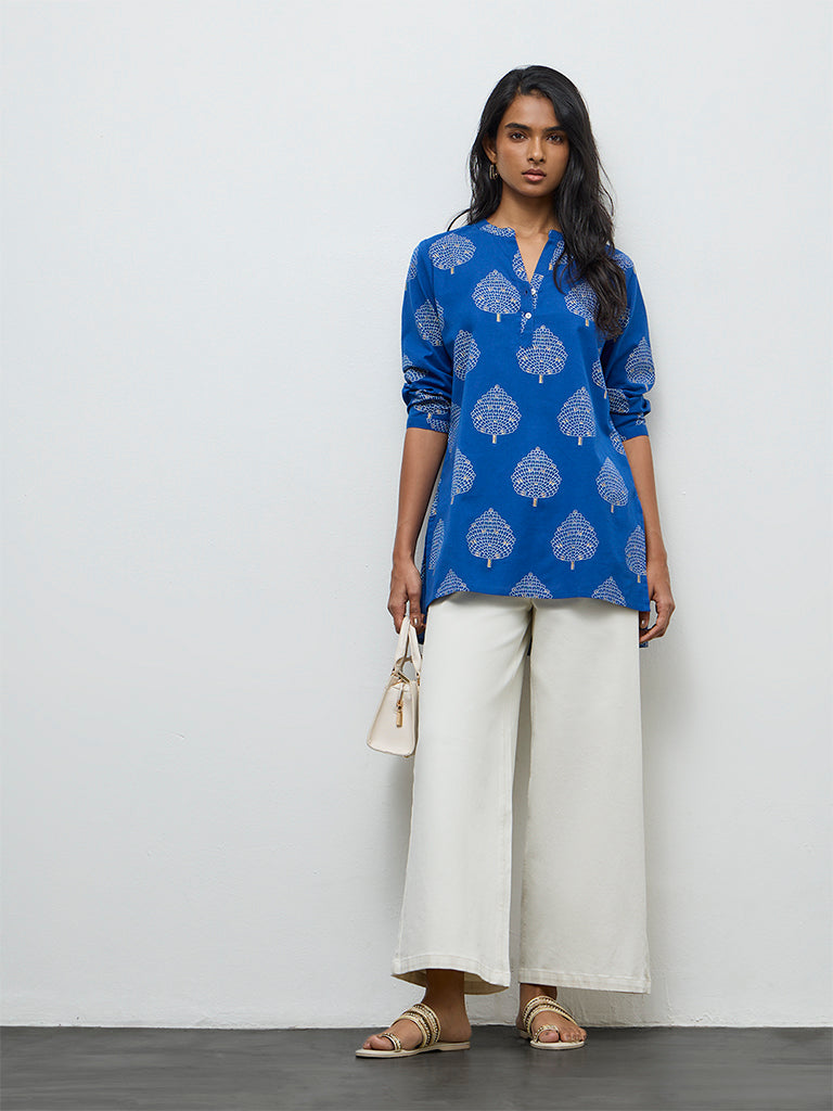 Utsa Indigo Leaf Pattern Cotton-Blend Tunic